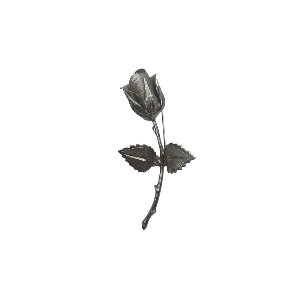 Vintage Signed Giovanni Silver Tone Long Stem‎ Rose Flower Brooch Pin